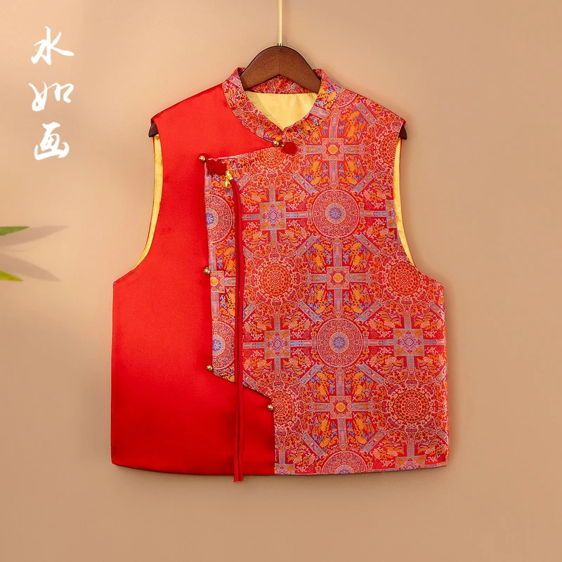 【乐瑶】2025新款春季国风马甲新中式宽松立领提花拼色马夹外套女款