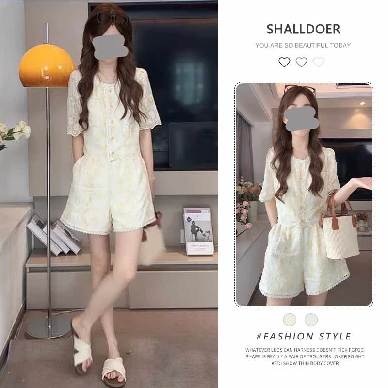 2025夏季新款重工刺绣两件套女韩系圆领单排多扣短袖高腰短裤套装