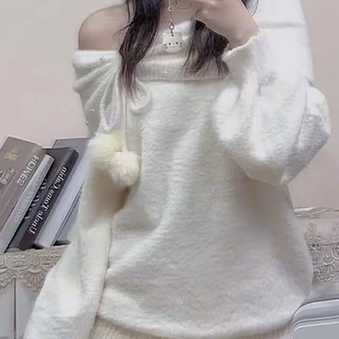 （A1101-A1200）直播专卖一字领女秋冬厚款毛针织衫时尚ins宽松上衣