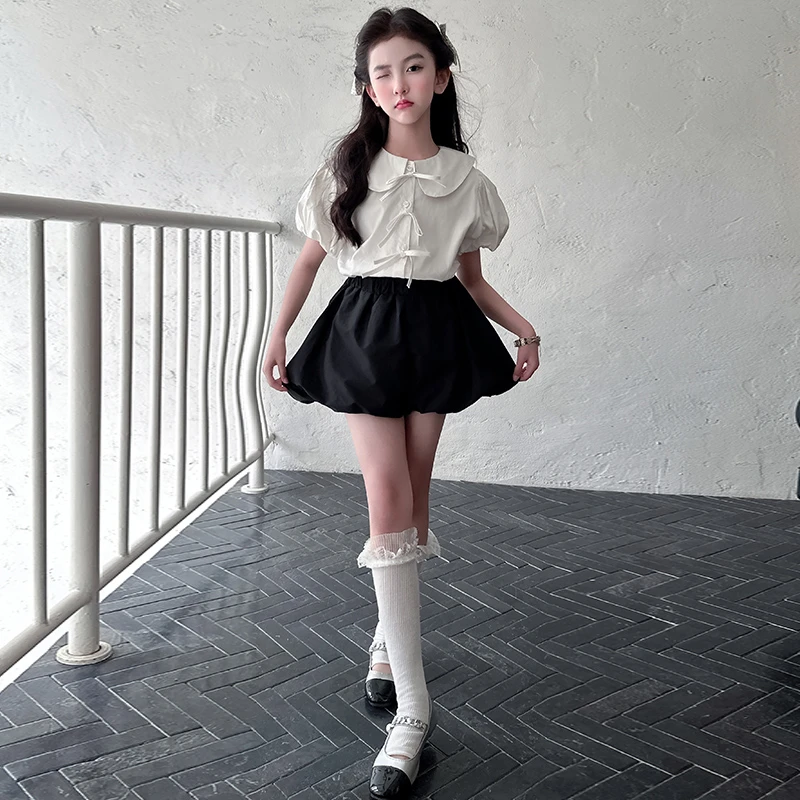 女童夏季短袖泡泡袖衬衫套装2025新款中大童夏装花苞裤洋气两件套