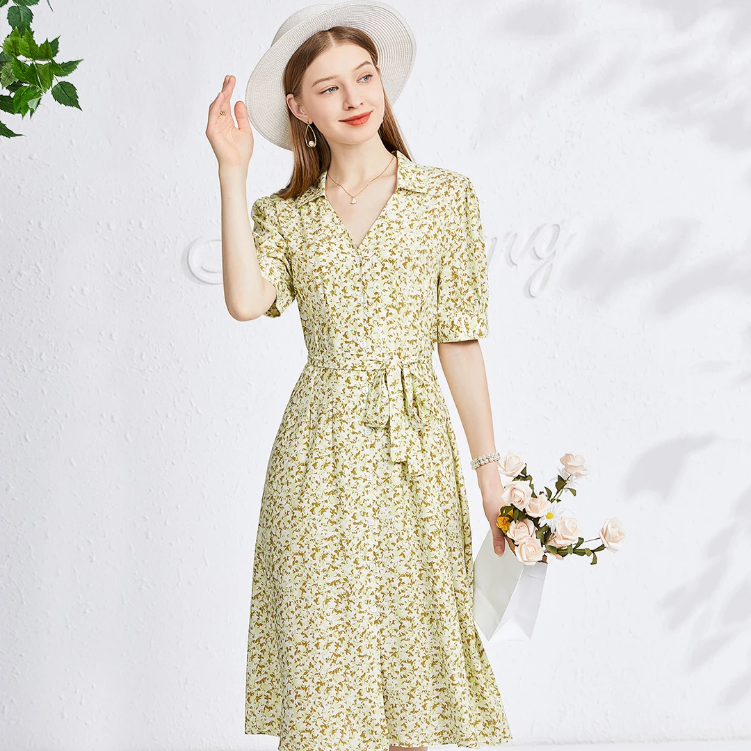 MIHUANG/米皇法式碎花真丝翻领高腰显瘦开扣桑蚕丝连衣裙645851