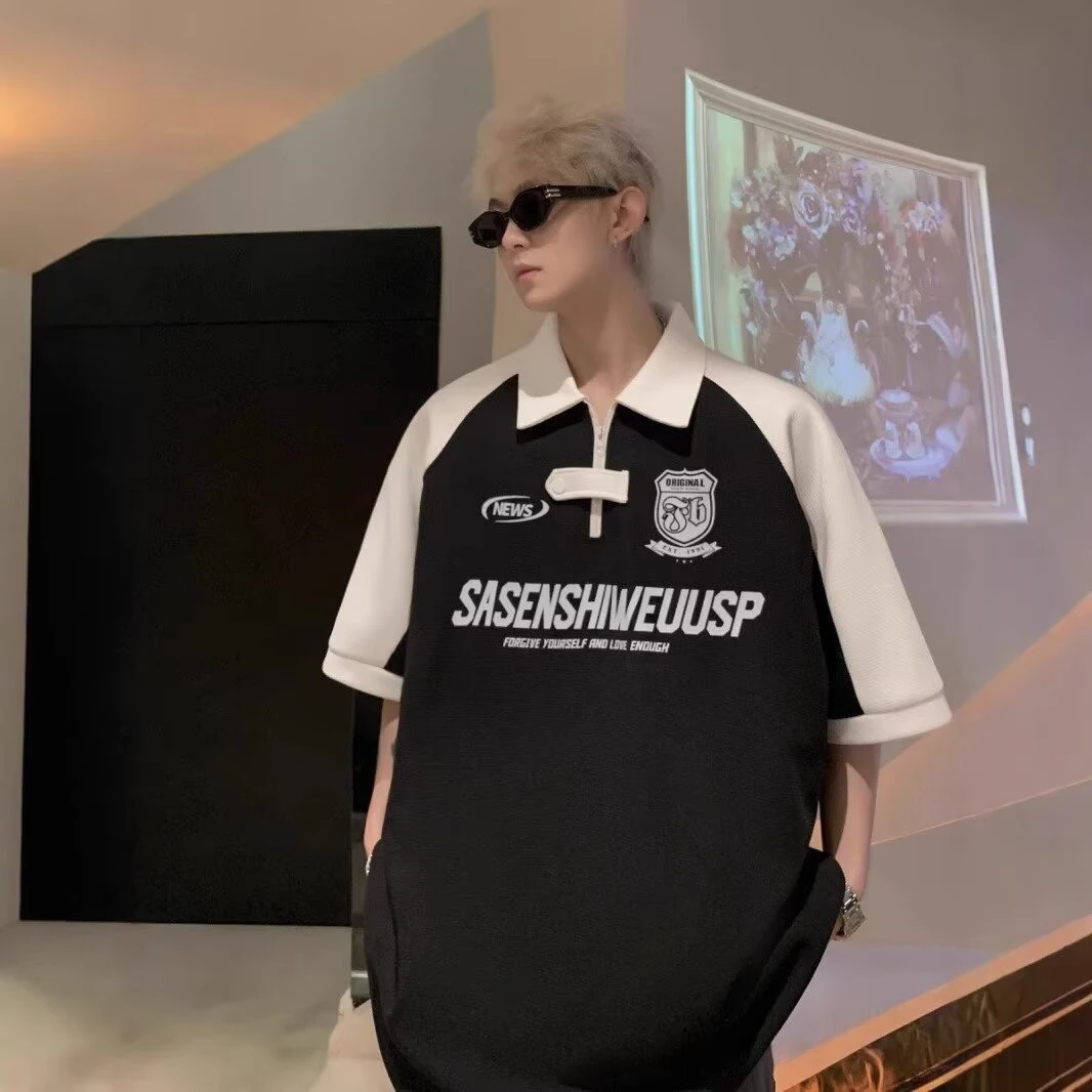 插肩袖polo衫短袖男夏季痞帅半拉链赛车服潮牌爸爸装中老年男装