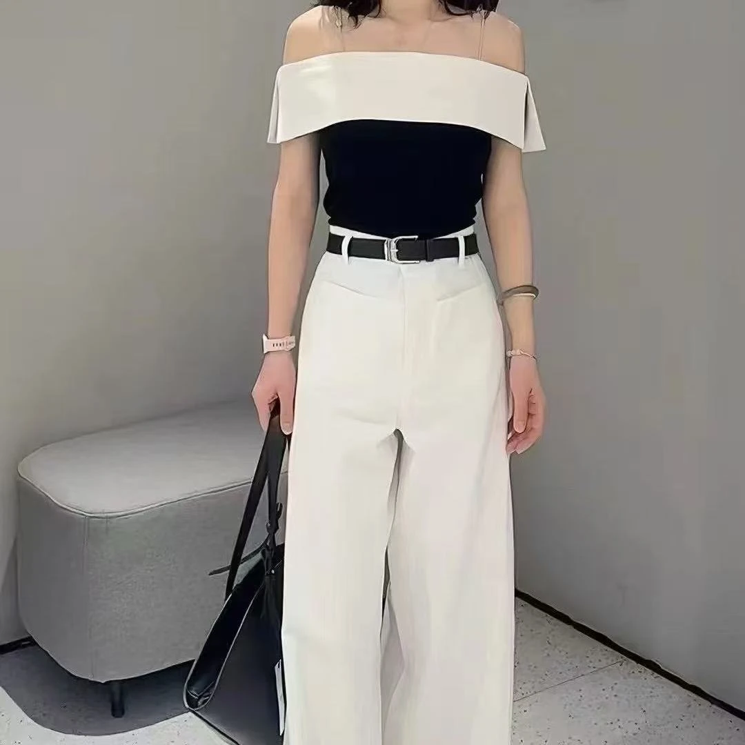 针织衫-艾家428104一字肩拼色修身气质