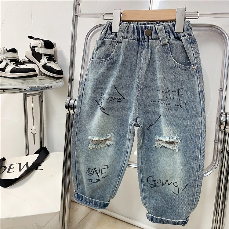 儿童春款韩版破洞牛仔裤男童潮帅洋气时尚休闲长裤潮童百搭裤子酷