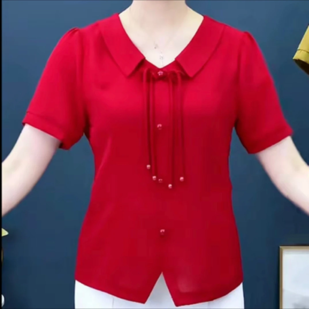 2025夏季短袖衬衫修身显瘦上衣时尚洋气小衫百搭减龄娃娃领妈妈装