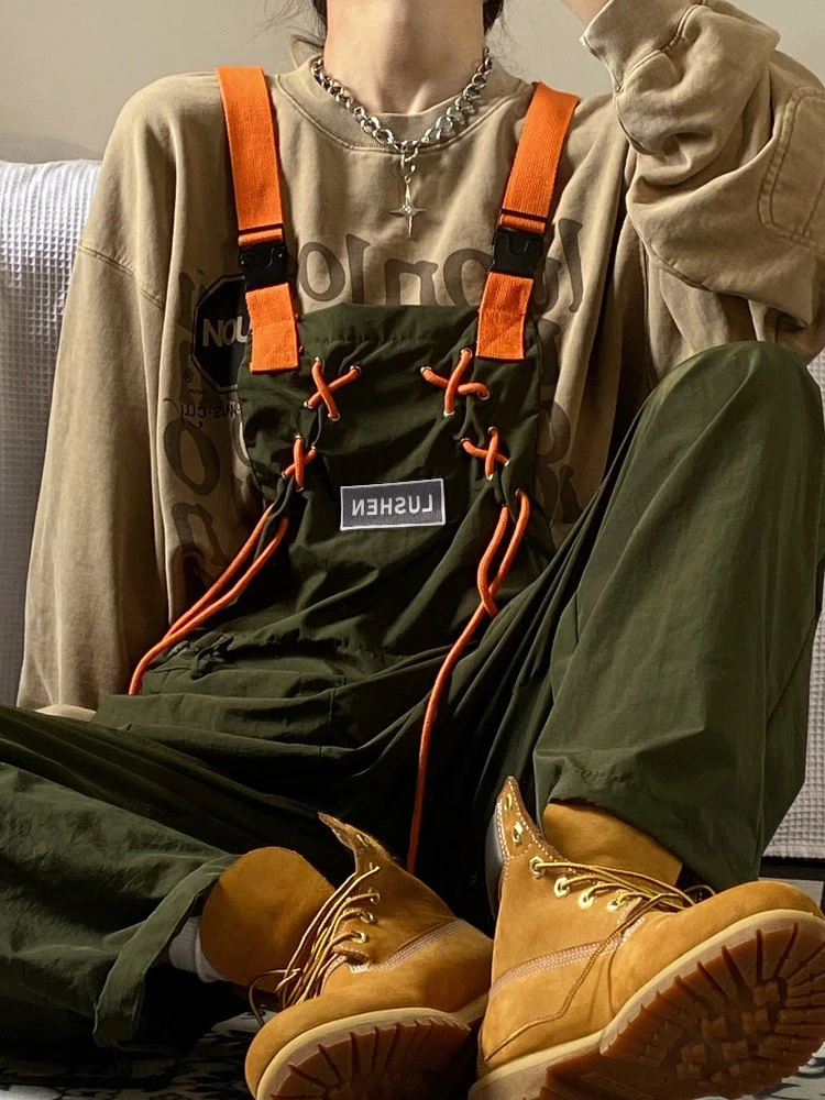 军绿色工装背带裤男女春秋潮运动日系复古宽松情侣装束脚裤子长裤