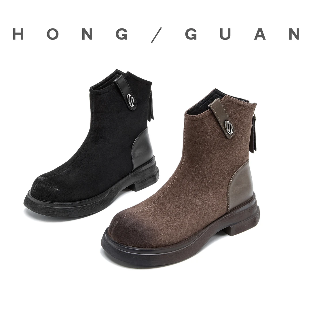 红冠网红爆款磨砂绒面复古瘦瘦靴女冬百搭厚底机车短靴5961-2