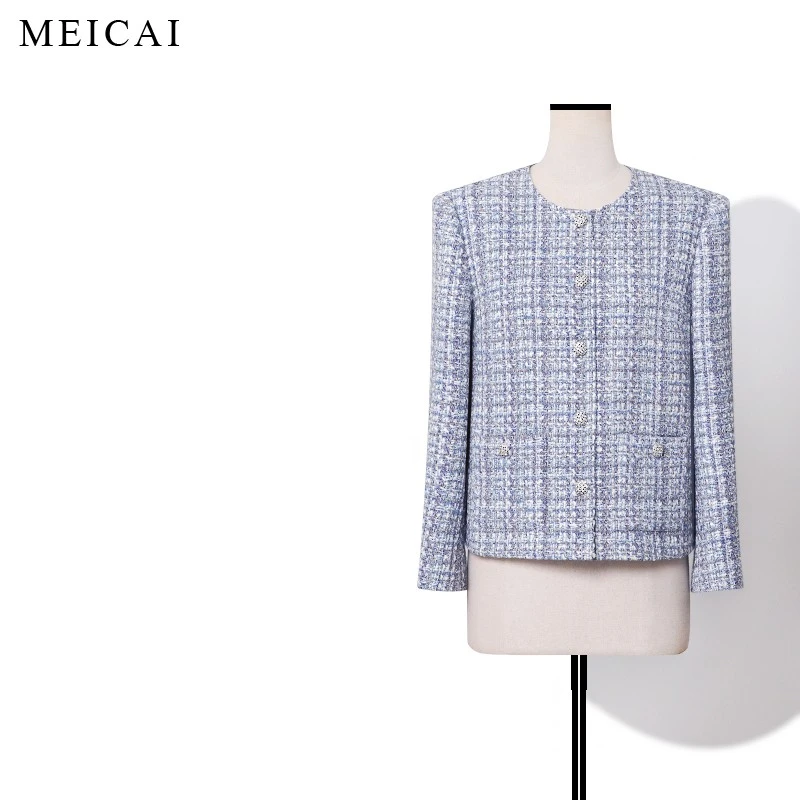 美裁 春新款限定 特种纱编织显白蓝色小香风圆领简约短外套