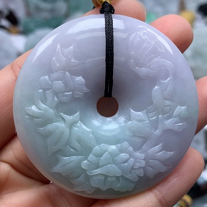 翡翠未镶嵌颈饰花开富贵平安扣两面工艺福利