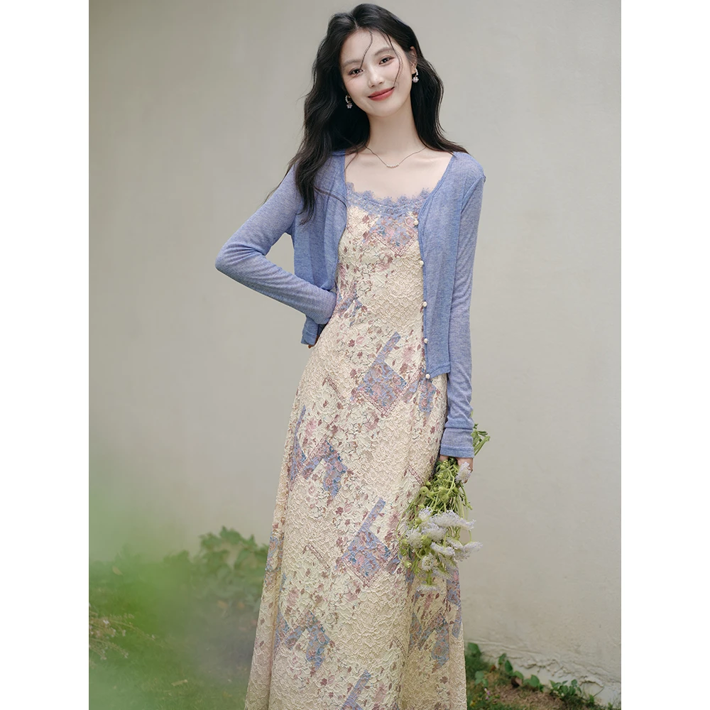 法式碎花度假收腰吊带裙防晒开衫夏季复古显瘦浪漫仙气飘飘油画感