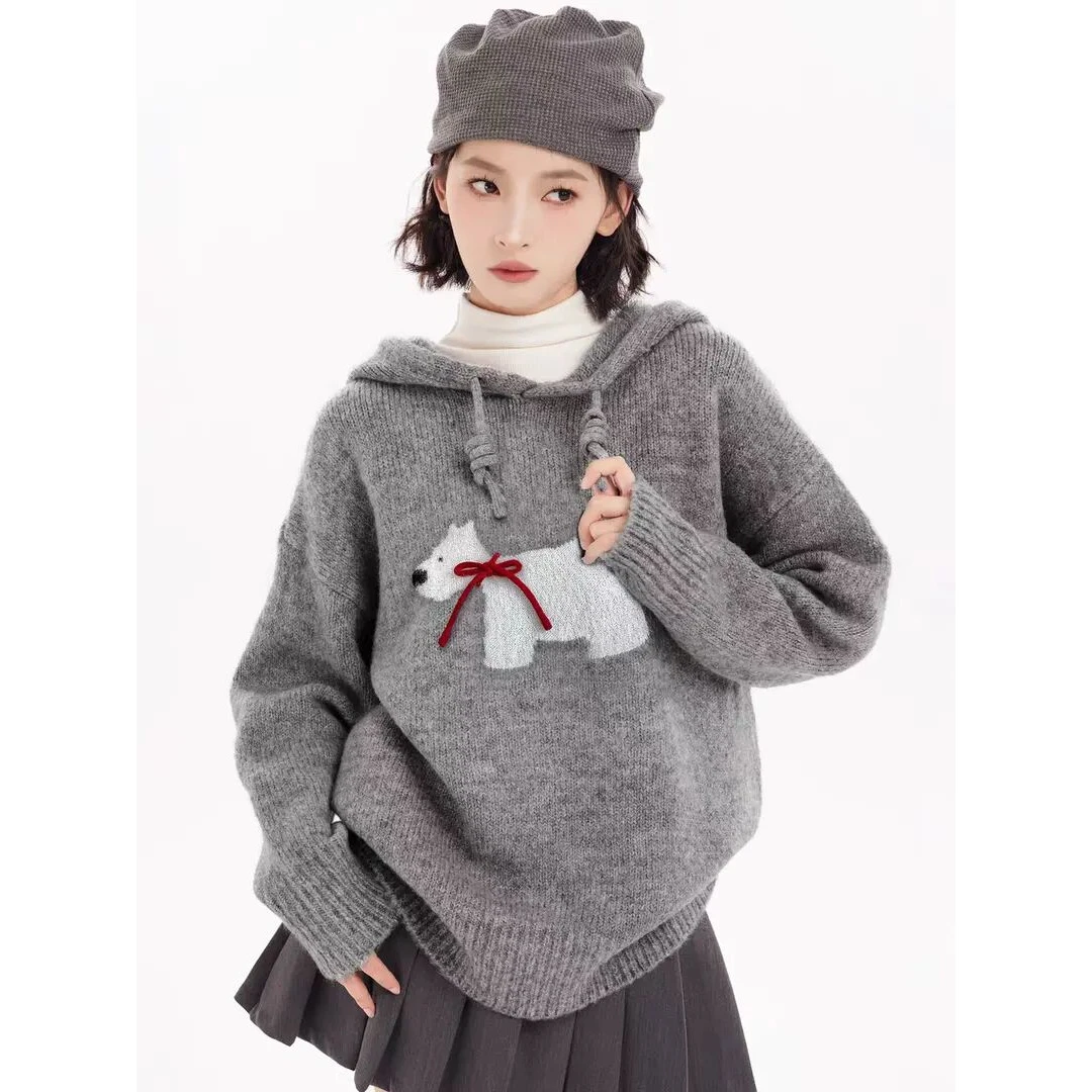 灰色小狗连帽套头针织毛衣女冬季加厚秋冬正肩内搭卫衣外套