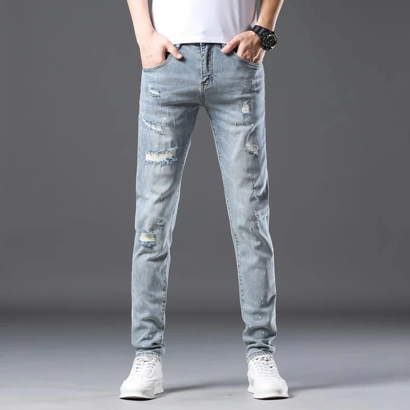 夏季破洞男潮流修身长裤休闲百搭青少年套装男15-18岁帅气新款