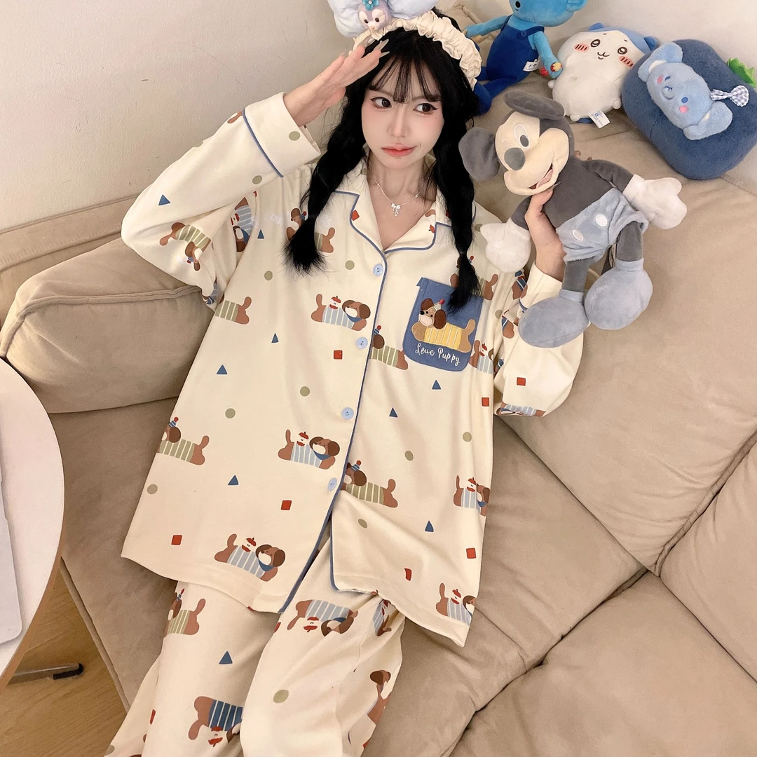 可爱小狗德绒睡衣女秋冬季新款加厚保暖卡通可外穿休闲家居服套装