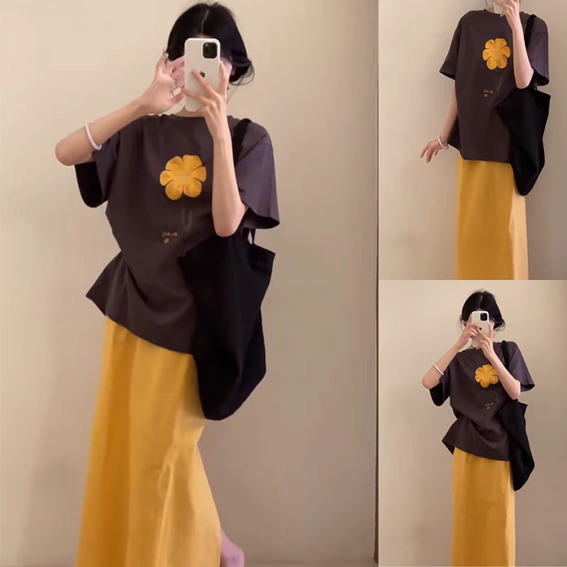 2025夏季新款套装女慵懒风小黄花暗紫色短袖上衣黄色半身裙两件套