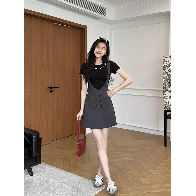 张阿星【街头walk】假两件设计感高腰A字连衣裙拼接马甲气质收腰款