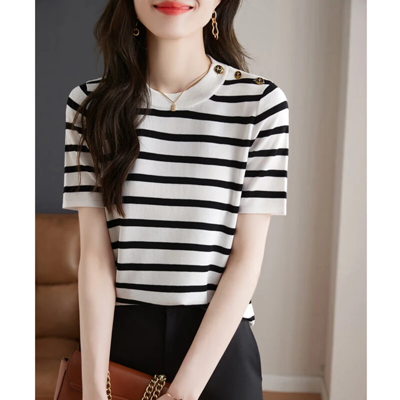 显瘦洋气百搭撞色条纹清凉冰丝肩扣短袖夏季新款套头针织T恤衫潮