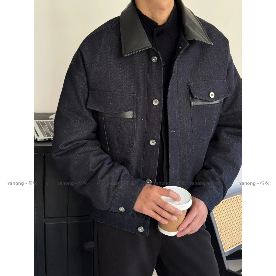 美式复古拼接pu皮领90白鸭羽绒服翻领夹克宽松外套男2025冬季新款