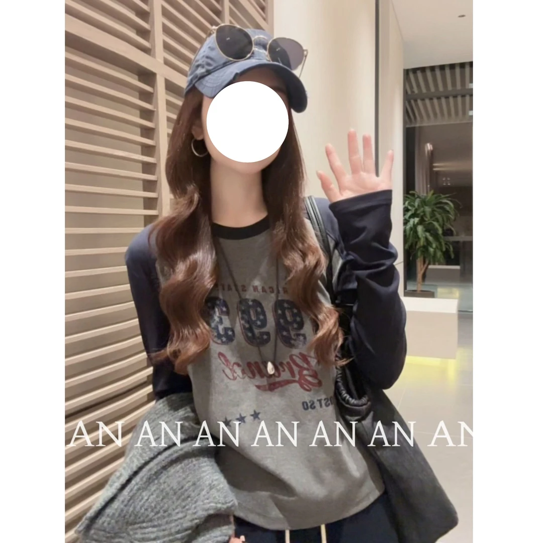 韩系时尚撞色字母印花长袖T恤女秋季新款设计感洋气显瘦内搭上衣