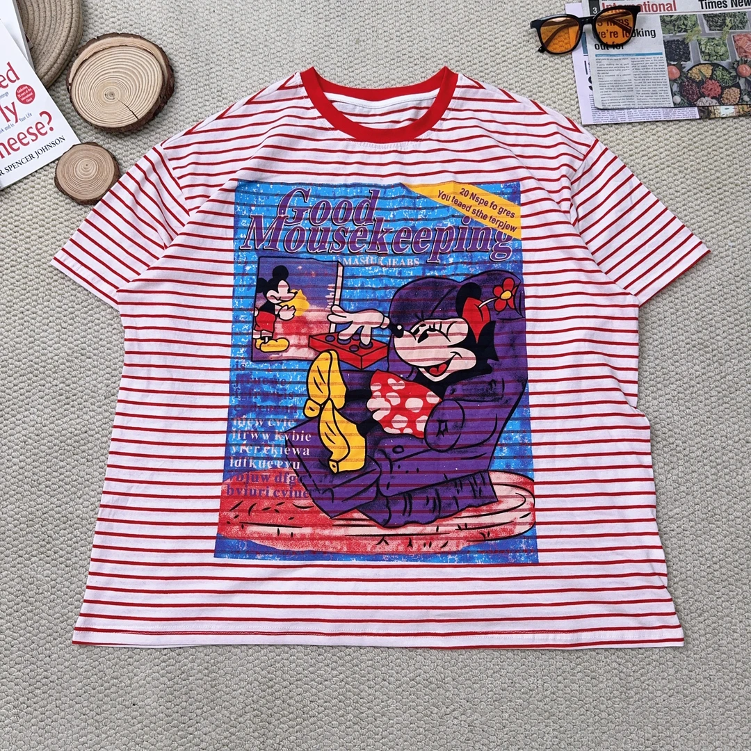 2025夏季新款宽松百搭时尚条纹卡通印花短袖T恤3139