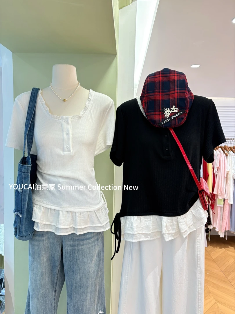 大脸慧推荐款 YC#12076#短袖花边上衣 XX