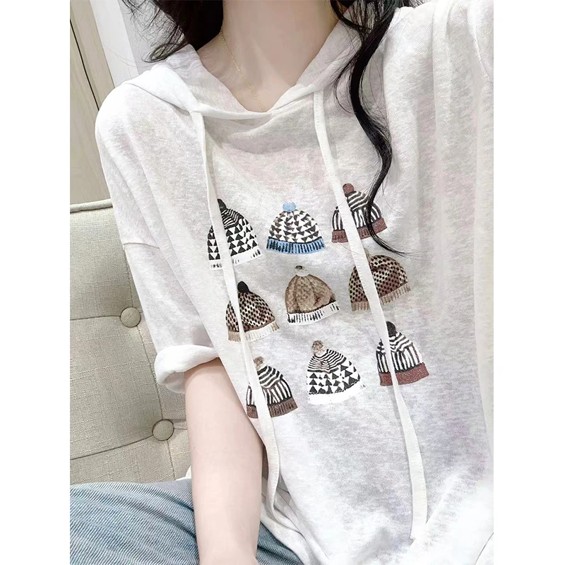 雪花棉印花薄款连帽短袖T恤女2025夏季百搭休闲上衣