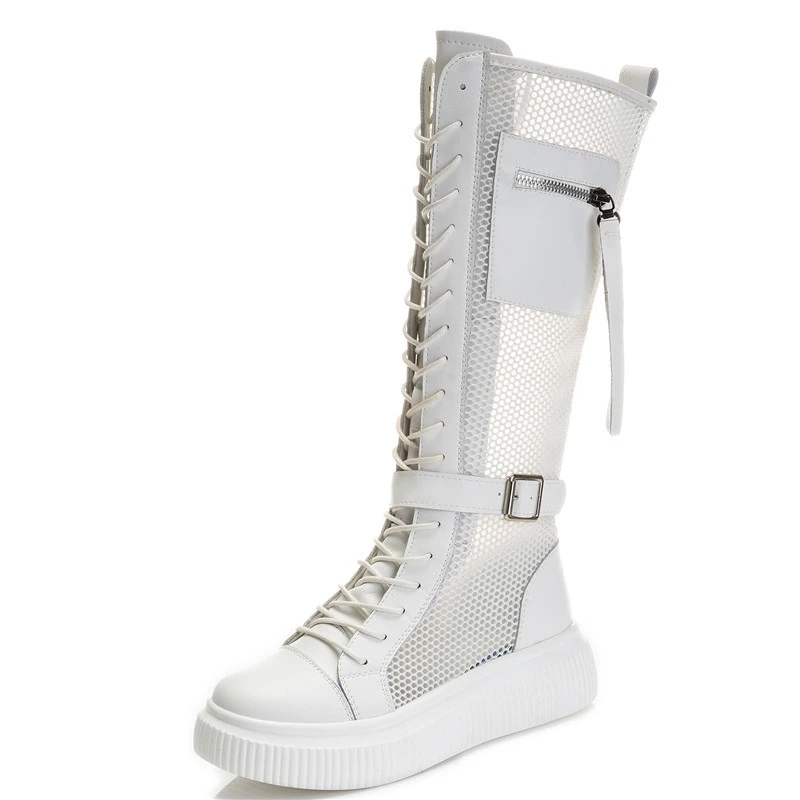 长款马丁靴网纱镂空流苏靴子女白色百搭个性凉靴子内增高透气女鞋