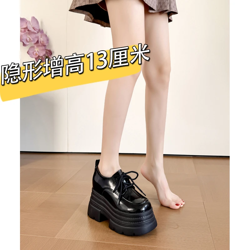 小个子厚底乐福鞋女2025新款春秋真皮松糕单鞋鞋子女厚底小皮鞋
