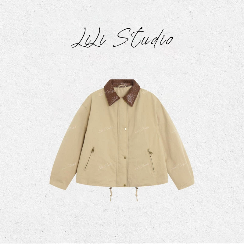 丨不理理「卡其织领」拼接皮质领90白鸭绒保暖羽绒服