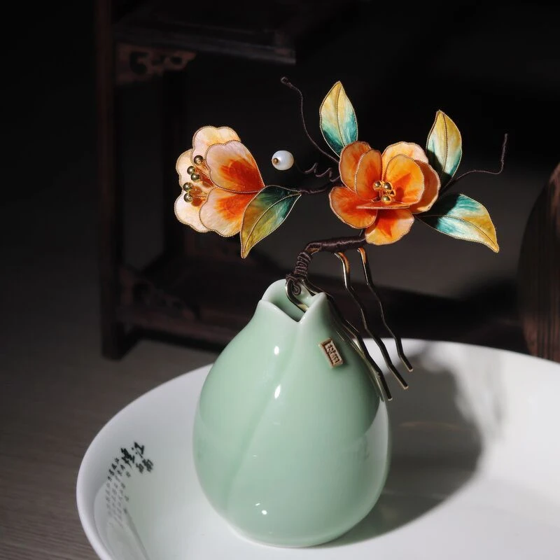 非遗掐丝绒花牡丹发梳古风汉服发饰中式国风头饰蚕丝饰品手工陶瓷