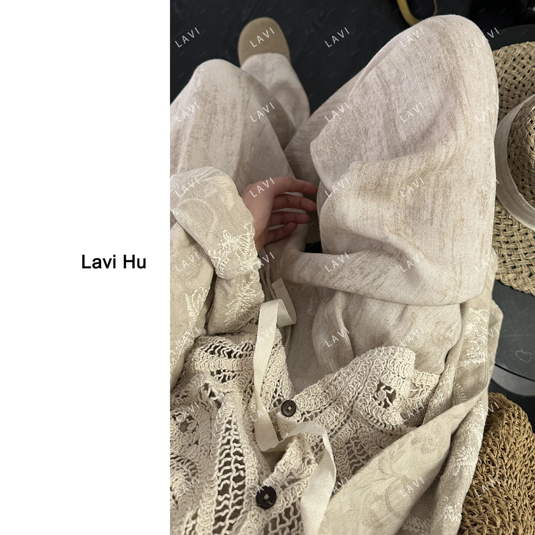 画卷 亚麻+人棉 不能机洗 简约风松紧腰设计师薄款休闲裤QJ3404
