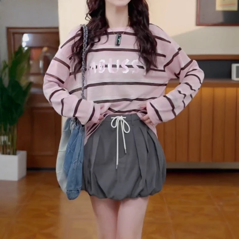 法式洋气条纹长袖打底衫2025秋季新款简约风字母印花显瘦圆领上衣