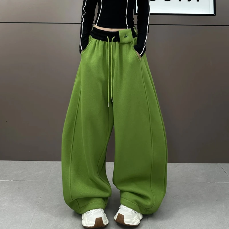 2025冬季慵懒风加绒加厚拼色腰头休闲裤立体剪裁宽松阔腿拖地裤子