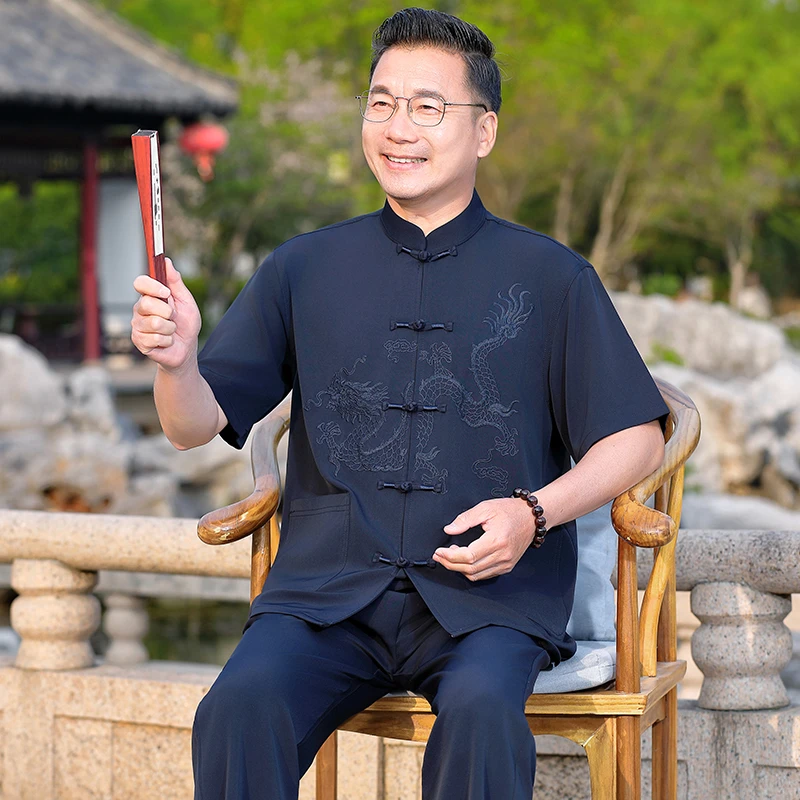 唐装男中老年人夏季冰丝短袖中国风衣服爷爷套装爸爸夏装中式衬衫