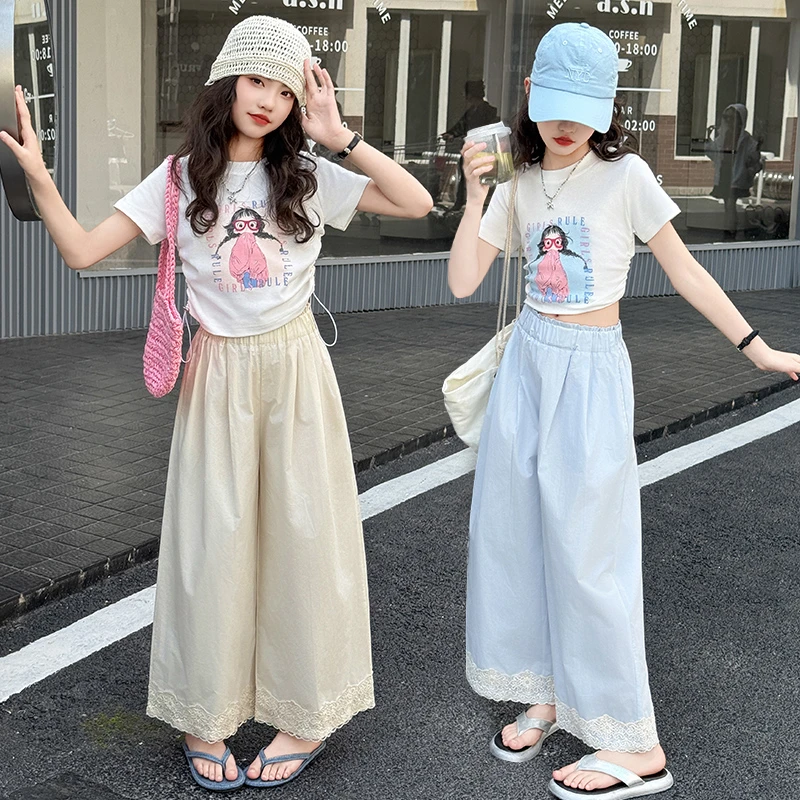 女童短袖阔腿裤童装2025夏季6-12岁潮款中大童洋气休闲运动两件套