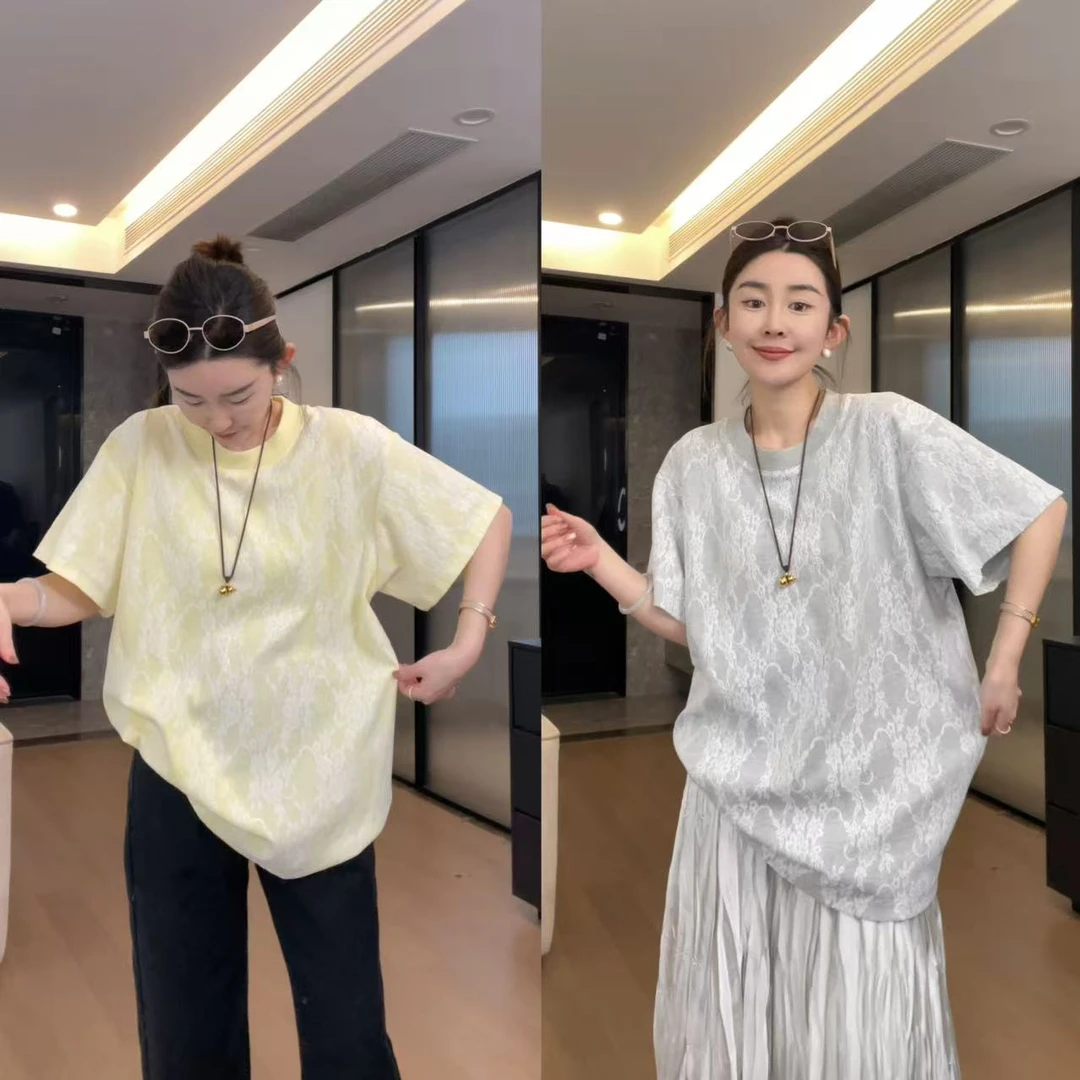 2025夏 极简百搭蕾丝压花圆领短袖T恤 2503C1107