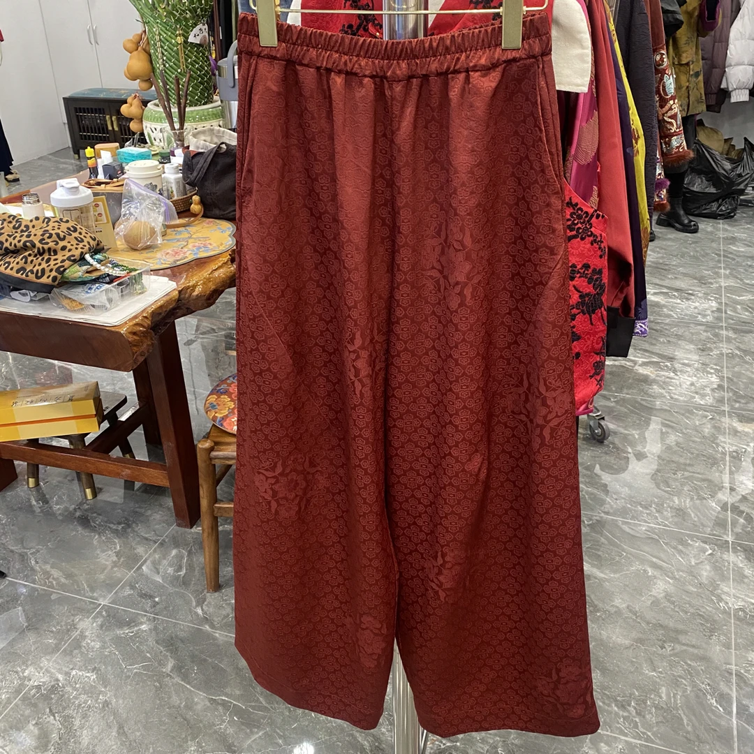 提花阔腿裤松紧腰人丝提花裤子春季薄款九分裤新中式阔腿裤