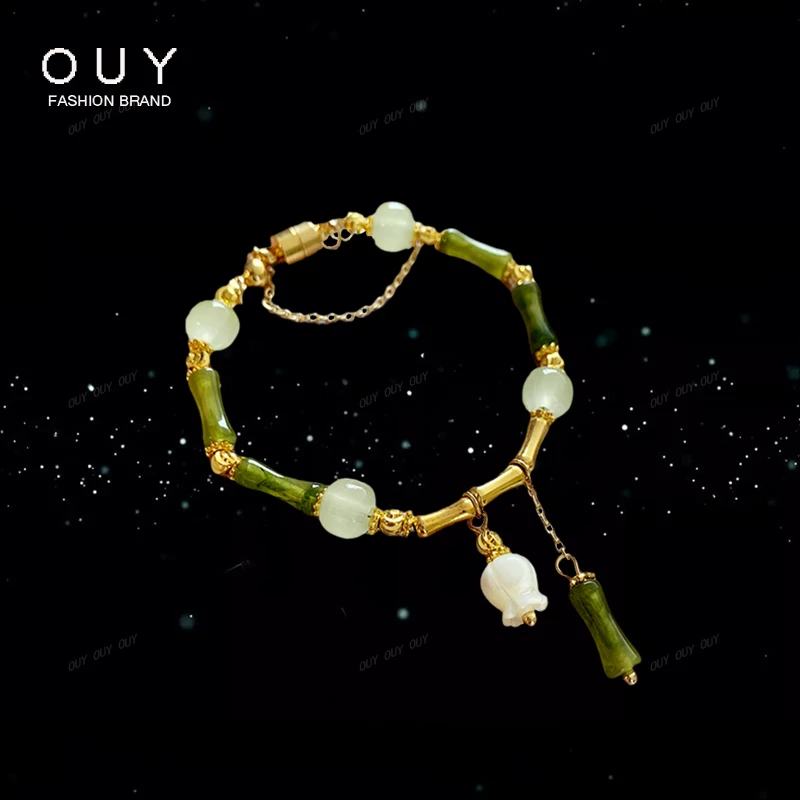 OUY 铜合金手链  新中式竹节玉石轻奢小众精致手绳串珠2025年新款