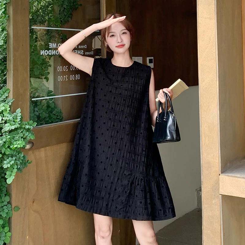 黑色波点无袖连衣裙女2025夏季新款高级感甜美宽松小个子a字裙潮