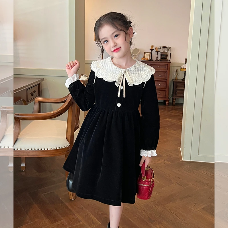 【清仓】童装女童小香风加绒连衣裙秋冬儿童小女孩娃娃领裙子韩版