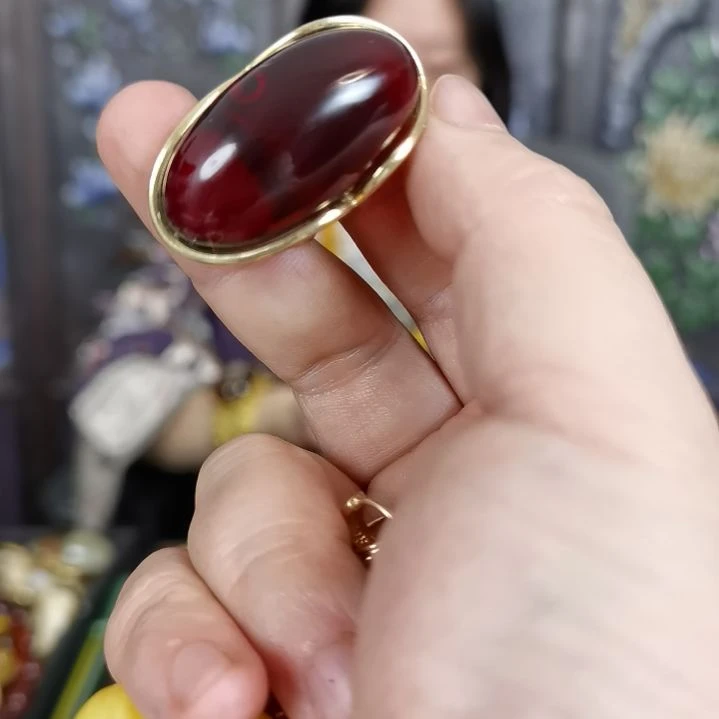 琥珀戒指银S925镀金镶嵌桃*