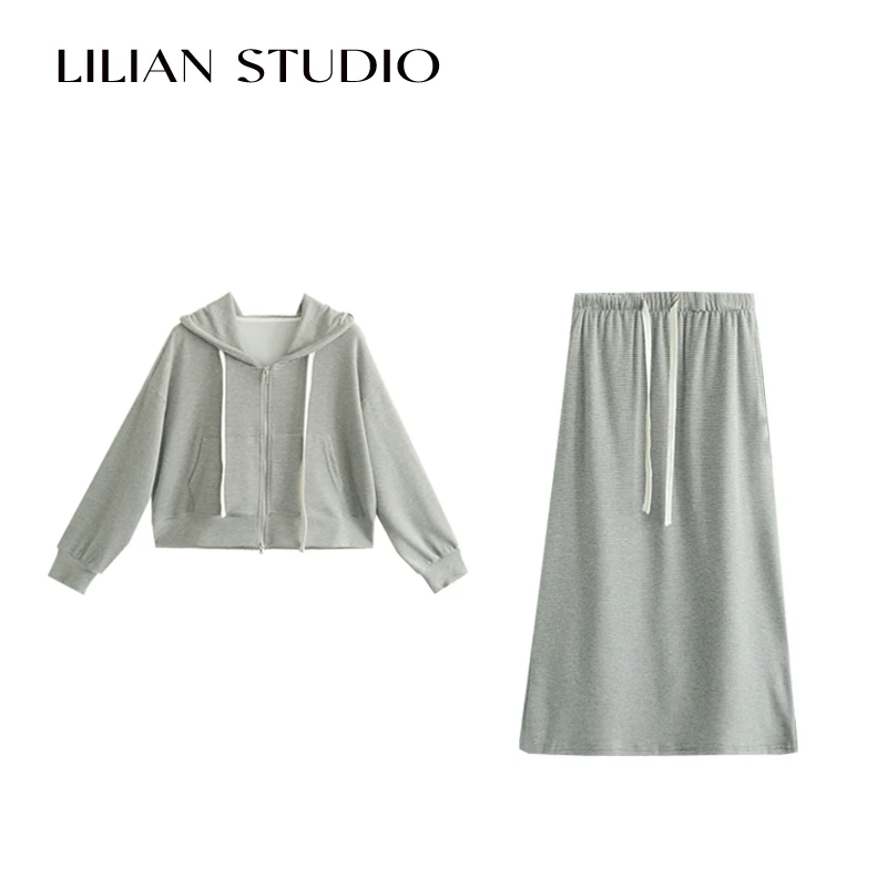 莉莉LIlian25春 简约休闲连帽条纹拉链上衣+半身裙两件套套装女
