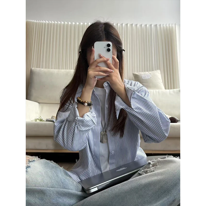 vintage蓝色条纹衬衫男款秋季长袖衬衣高级感慵懒风休闲情侣外套