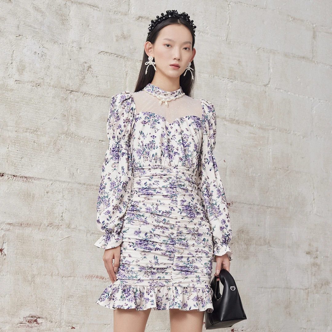 碎花气质衬衫拼接连衣裙女冬季修身复古包臀短裙