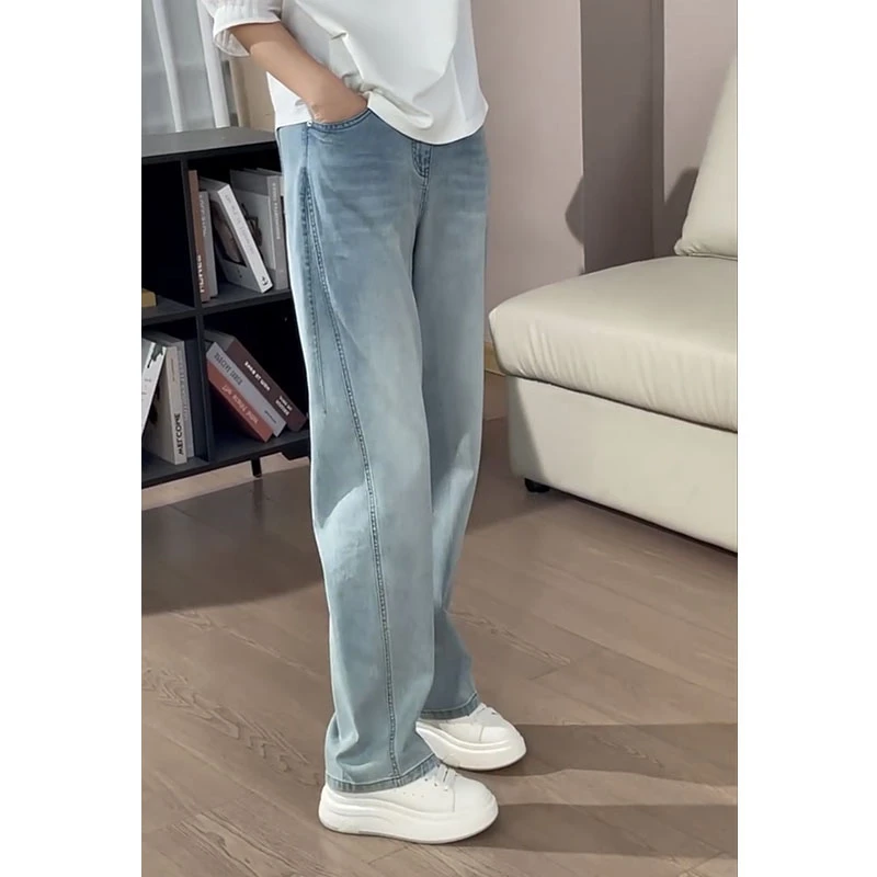 2025秋季新款牛仔裤女大码显瘦窄版直筒拖地裤遮肉时尚减龄阔腿裤