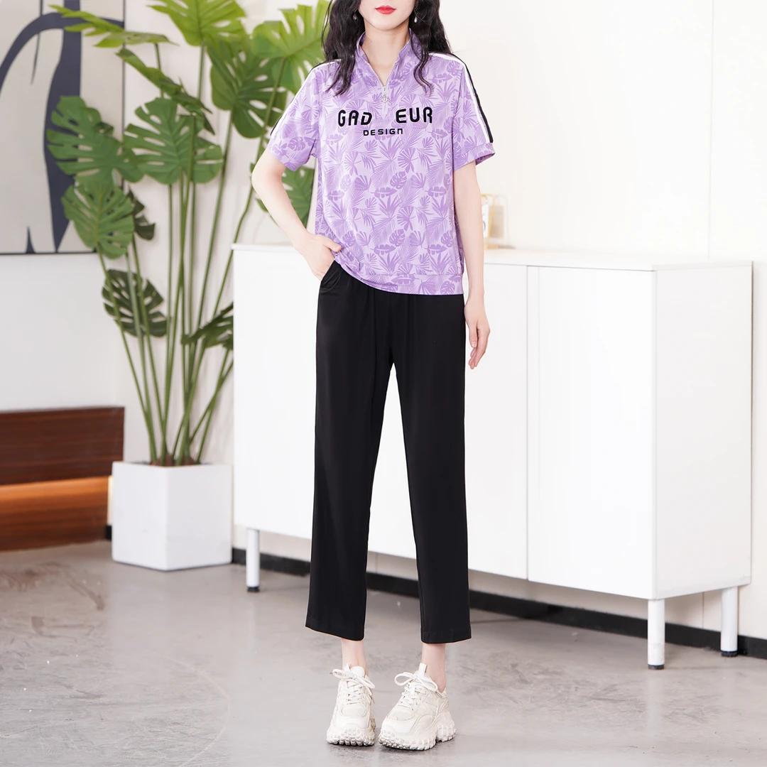 【莫奈花园风】夏季薄款时尚字母印花短袖套装BS4034衣长60裤长88