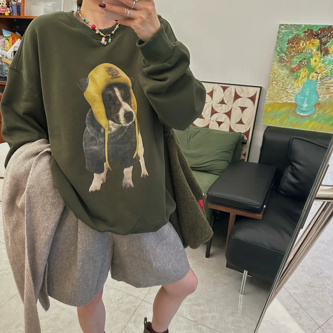 qiqi/琦琦推荐 韩版宽松ins戴帽子狗狗图案毛圈棉圆领套头卫衣