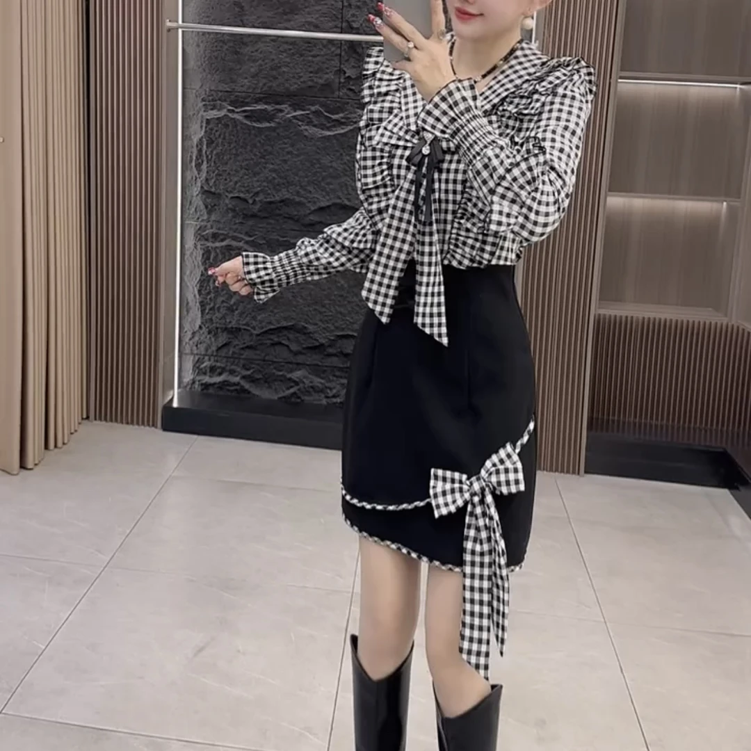 新款法式气质拼接格子假两件连衣裙