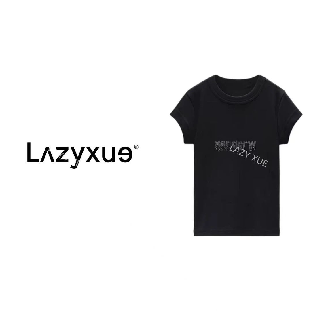 LAZYXUE薛懒懒/"W"新款轻奢烫钻短款圆领修身短袖T恤 3863