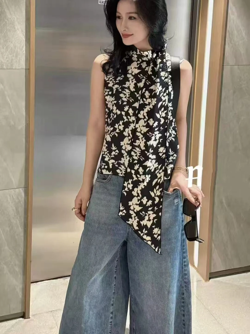 夏季真丝斜纹绸大花飘带领高领无袖短袖印花上衣时尚百搭