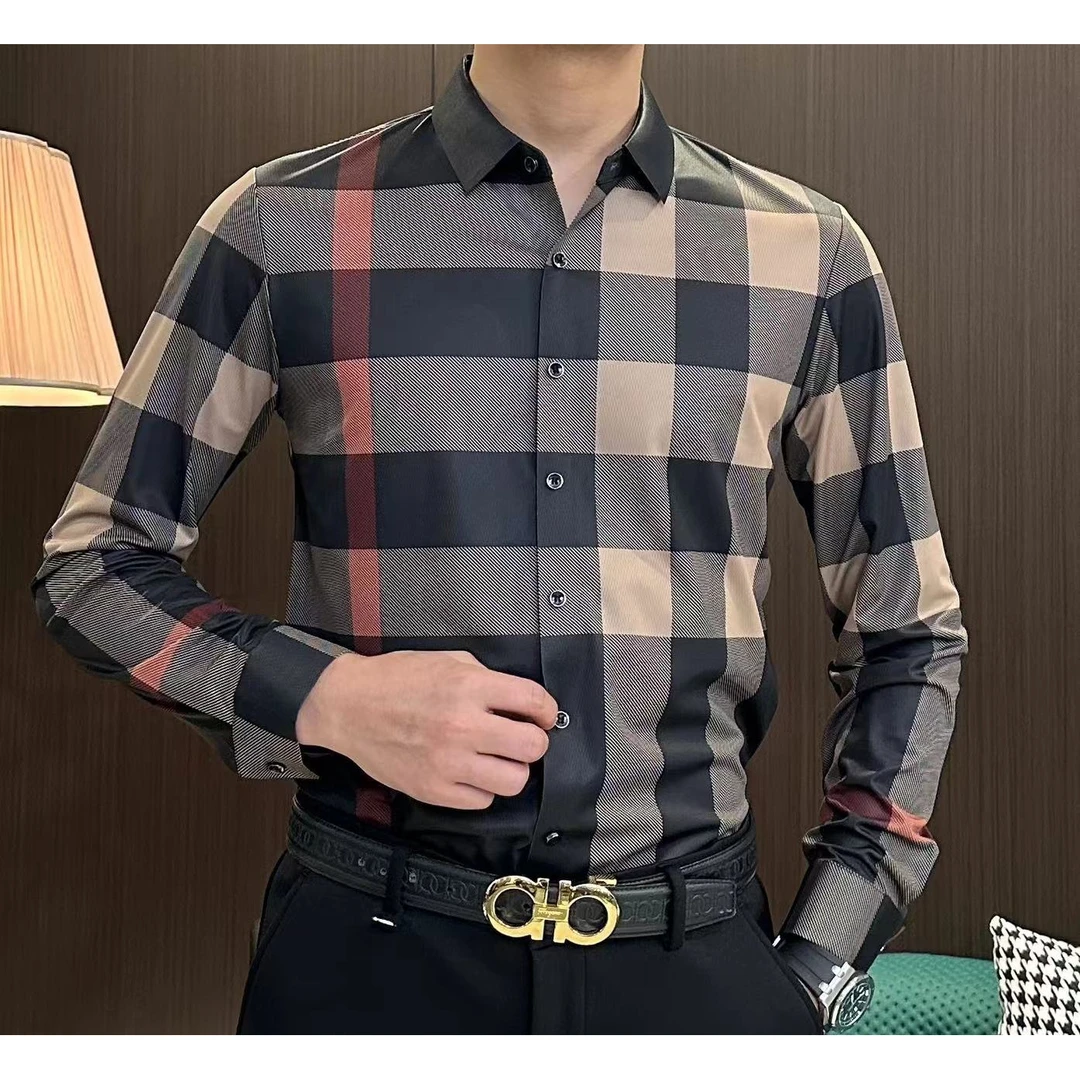 （娟娟男装）新款秋装轻奢显瘦格纹提花男士全扣修身时尚潮流长袖衬